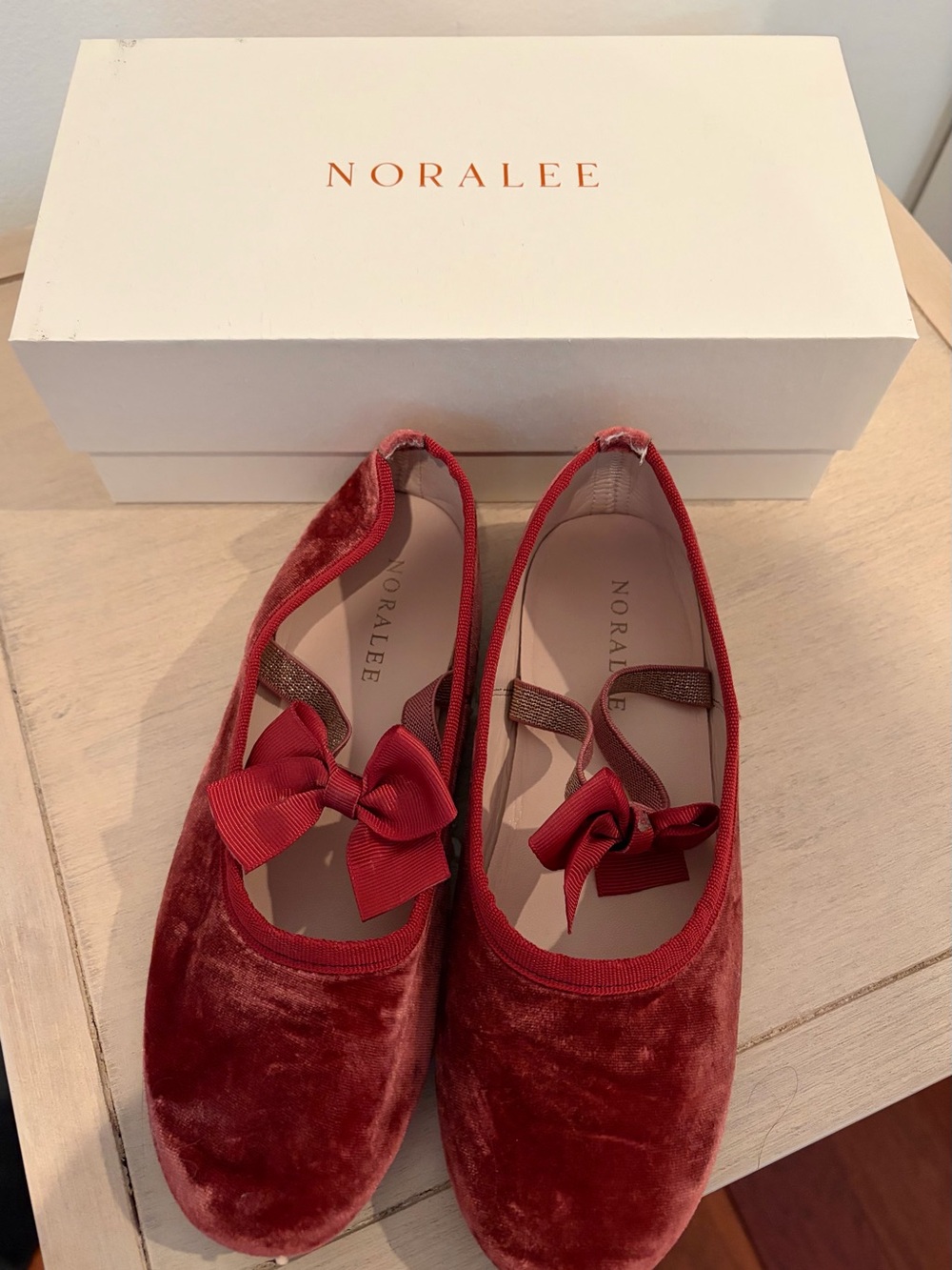 NORALEE ruby bow holiday flats (worn once)